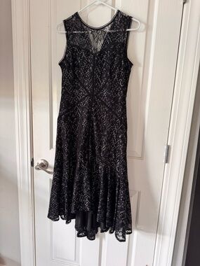 Elegant Black Lace Midi Dress with Silver lining